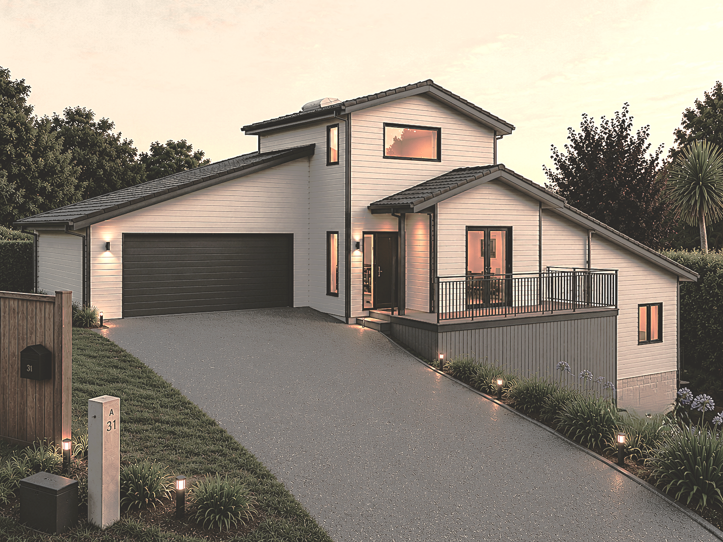 Modern two-story home exterior at dusk with landscaping