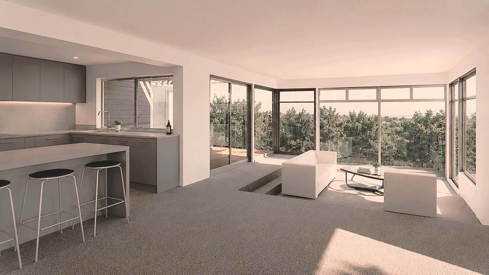 Open-plan kitchen and living area with bush views