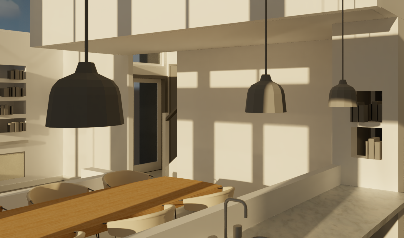 Modern kitchen and dining space with pendant lights