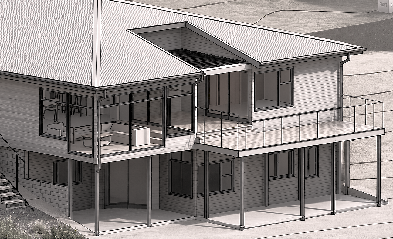 Architectural sketch of two-story home with outdoor deck