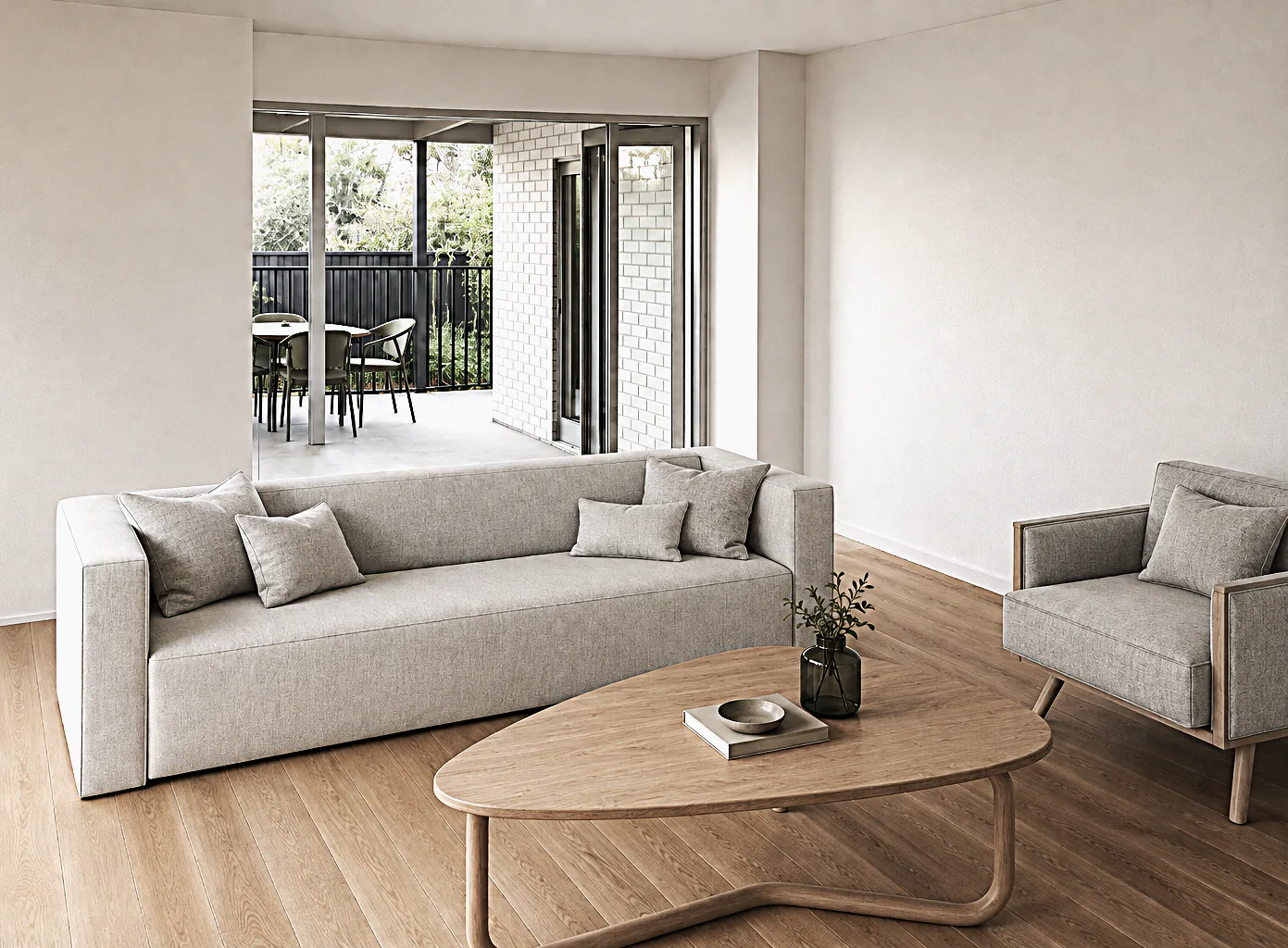 Design visualisation of a renovated living room opening onto a covered patio through glazed doors