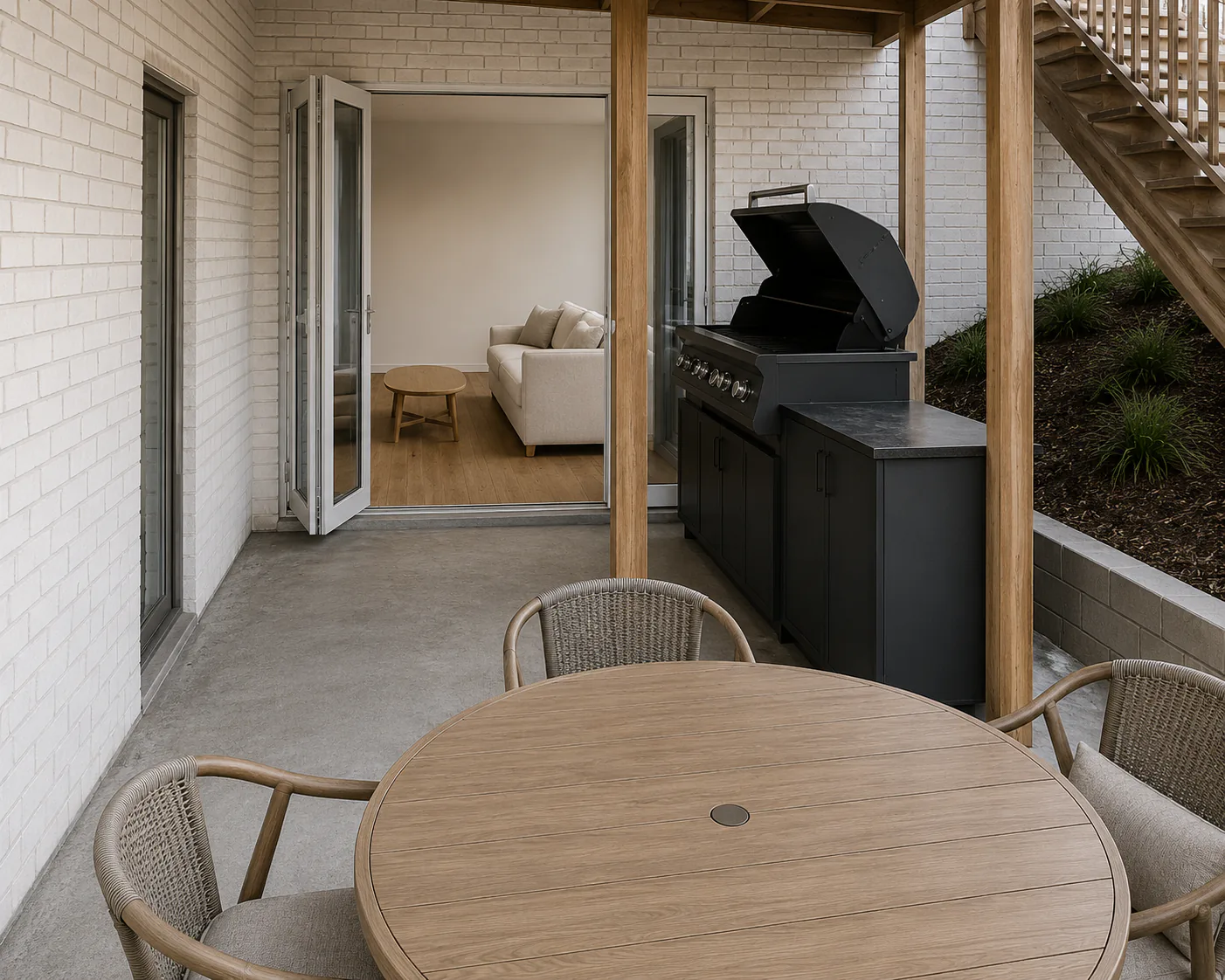 Design visualisation of a covered outdoor kitchen and dining area beside a white brick wall, extending from the living room