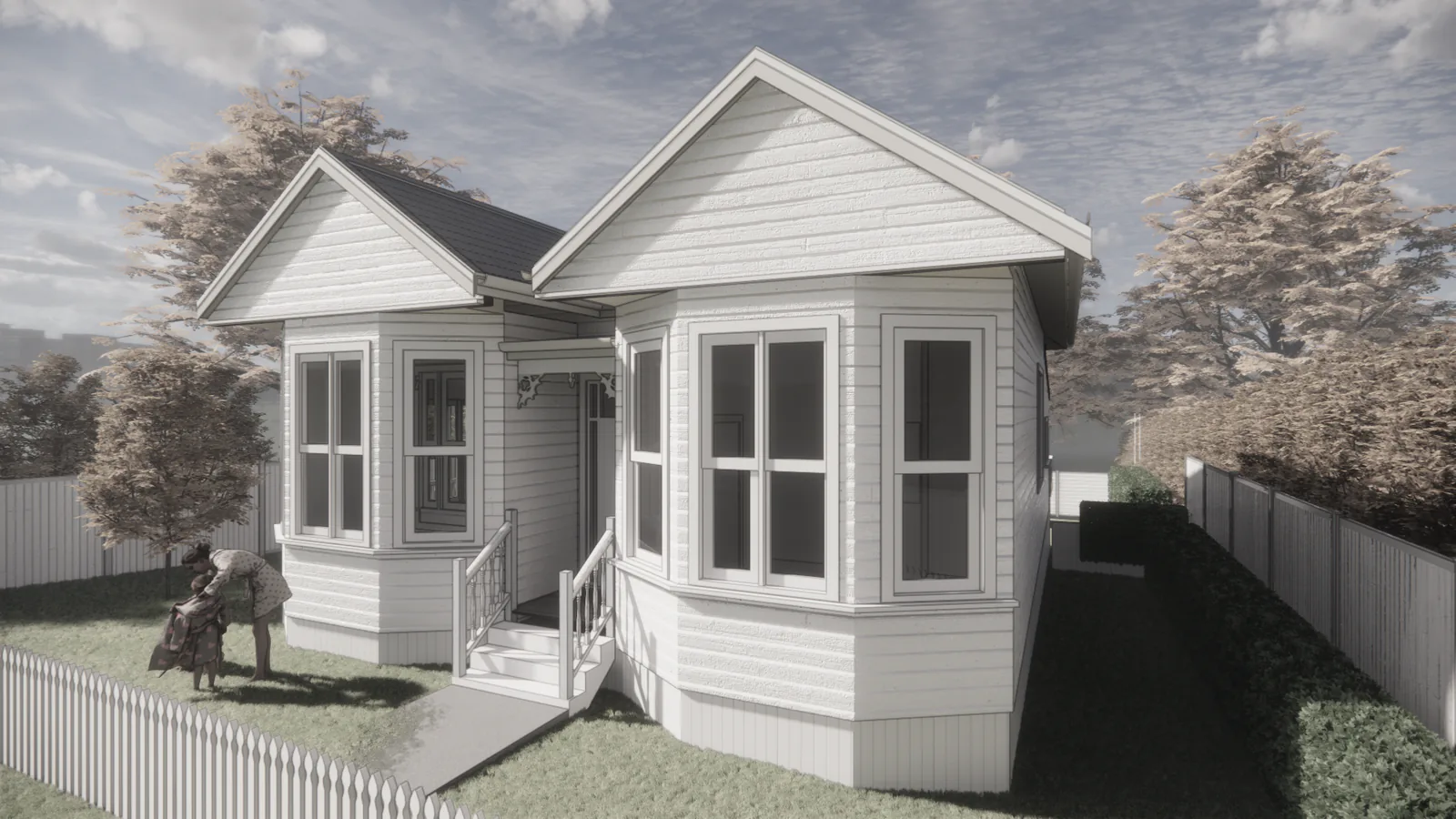 Design visualisation of a character villa with bay windows and traditional weatherboard detailing