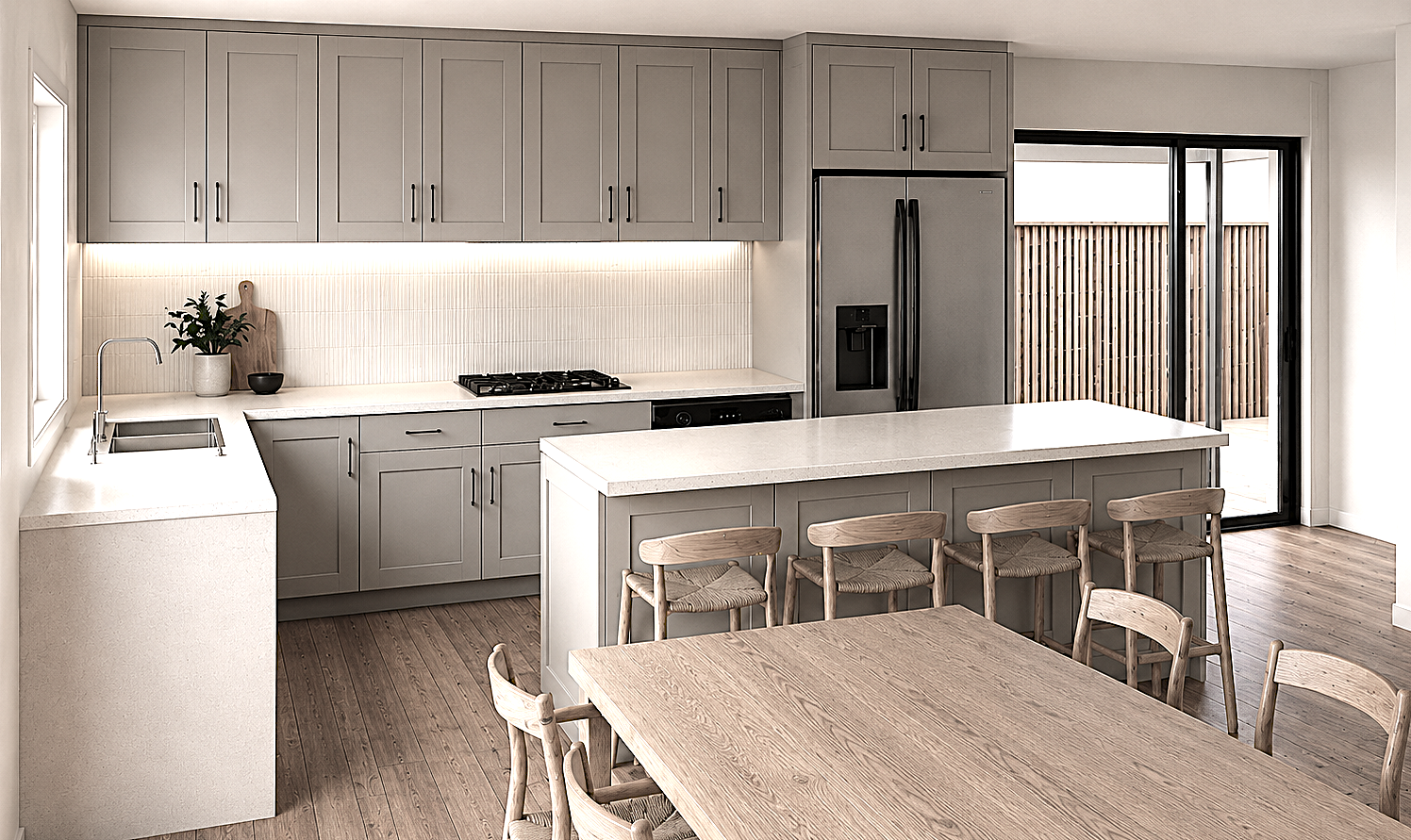 Photorealistic render of an open-plan kitchen and dining renovation with shaker cabinetry, a stone island and indoor-outdoor flow in an Auckland home